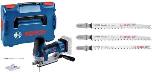 Bosch Professional 18V System Cordless Jigsaw GST 18V-155 SC + 3x EXPERT Wood 2-side clean Jigsaw Blade Set (for Solid wood furniture board, Plywood, Length 117 mm)