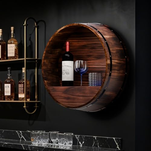 HamRoRung Whiskey Barrel Decor, Bourbon Whiskey Barrel Shelf, Wall Mount Wine Rack, Rustic Wine Rack Wood for Vintage Wine Bar and Home Décor (Small)