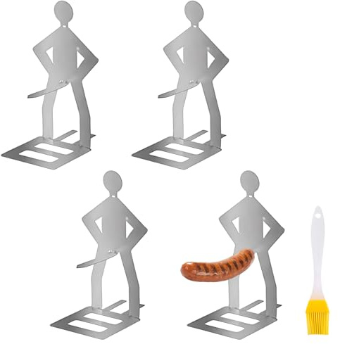Grill Zubehör für Männer, 4 Edelstahl Grillwursthalter mit Silikon Öl Pinsel, Grill Gadgets für Outdoor Camping und Gartenpartys, Kreatives Geschenk für Grillliebhaber