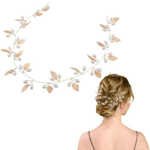 CABODYALS Couronne de Mariée en Feuille d'Or Chaîne de Perles Couronne de Déesse Bohème Délicate Décorative en Alliage pour Femmes Demoiselles d'honneur Mariage Bal de Promo