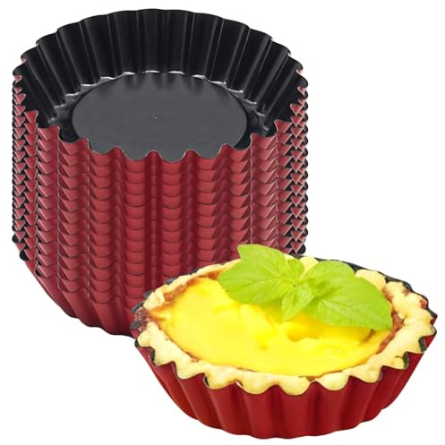 Mini-Backformen-Set, runde Formen aus Karbonstahl, 7,6 cm, antihaftbeschichtet mit abnehmbarem Boden, ideal für Mini-Kuchen und Torten, attraktive rote und schwarze Farbe, 16 Stück