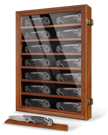 SimProWoodo 7 Row Knife Display Case for Wall Wooden Folding Knife Storage Stand with HD Tempered Glass & Removable Shelves Military Knife Organizer for Collections - Walnut