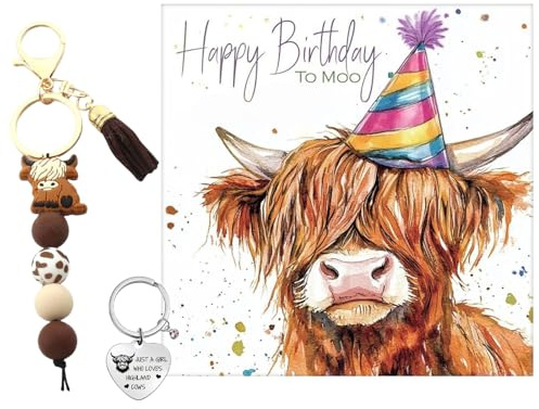 LEBKFT Highland Cow Gift Set, Stainless Steel Keyring and Silicone Bead Keychain with Birthday Card Cute Animal Keychain for Women Highland Cow Ornaments for Birthday & Party Favors