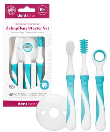 dentistar Zahnpflege Starter-Set - Babyzahnbürsten ab 6 Monate - Putztrainer, Schutzring für mehr Sicherheit, Kinderzahnbürste und Zungenreiniger für Babys und Kinder - BPA-frei