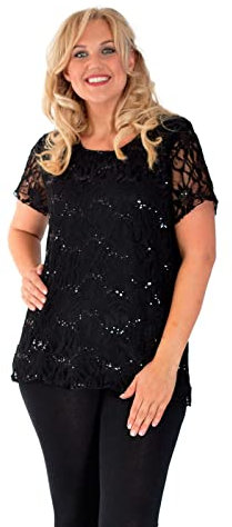 Womens New Floral Lace Sequin Ladies Scoop Neck Short Sleeve T-Shirt Party Top Plus Size Black Size 20-22