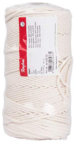 Rayher Hobby Rayher Hobby Rayher Garn, 3,7 mm ø, Spule 141 m, ca. 500 g, 80 % Baumwolle, 20 % Polyester, Baumwollgarn, Baumwollkordel, Makramee Garn, Kettgarn, Schnur, Kordel zum Basteln, weiß, 4400502
