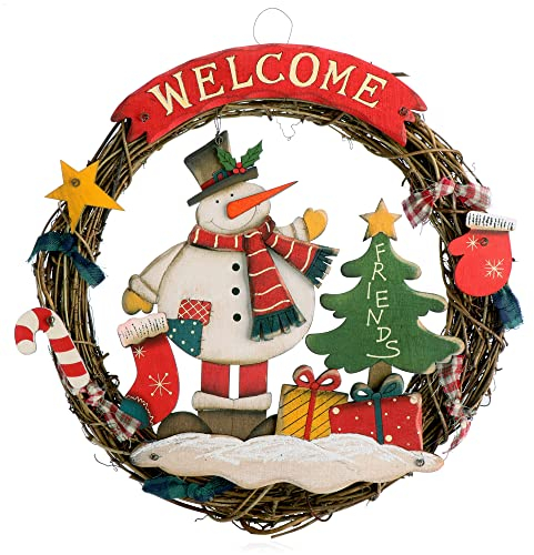 com-four® Weihnachtskranz geflochten - Tür Kranz Welcome für Weihnachten - Weihnachtsdeko zum Hängen - Holzkranz ca. Ø 31 cm (Schneemann - L)
