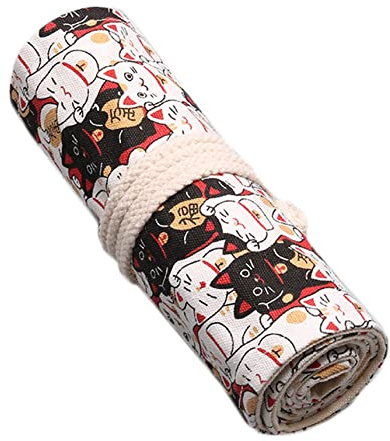 Anawakia Trousse en toile pour crayons, étui en tissu pour crayons portable, porte-crayons de voyage, trousse à crayons, étui à crayons de couleur, sac à crayons, organisateur à rouleau (Chat heureux
