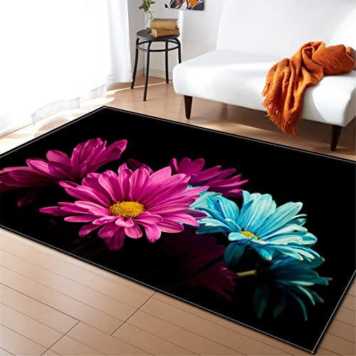 Chickwin Intérieur Tapis de Salon, 3D Plante Imprimé Grand Soft Antidérapant Tapis de Sol pour Canapé Couloir Chambre, Décoration de Maison Moderne (60x90cm,Marguerite Fushia)