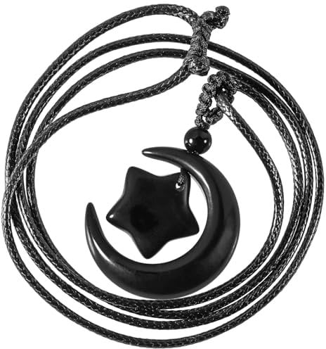 mookaitedecor Black Obsidian Stone Crescent Moon and Star Necklace for Women Men, Black Crystal Moon Necklace Healing Crystal Lucky Charm Amulet Necklace Reiki Chakra Moon Star Jewellery Gift