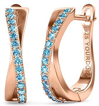 YOURDORA Petites Boucles D'oreilles Creoles Femme en Argent 925 avec Zircon cubique (Or Rose - Bleu pâle)