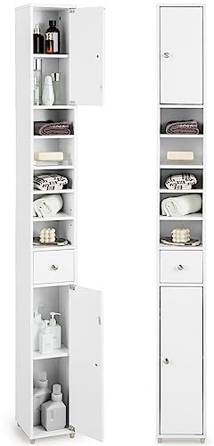 COSTWAY Armadio da Terra Alto, Mobile Colonna Bagno con 2 Ante 1 Cassetto e 5 Ripiani Regolabili, Mobile Bagno Salvaspazio per Soggiorno e Camera da Letto, 20x20x180cm (Bianco)