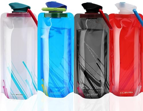 EMITUOFO Botella de Agua Plegable, 4pzs 700ML Botellas Recargable Flexible Bolsa de Agua Portátil Planas Plegables Reutilizables para Aventuras Senderismo Viajes para Niños y Niñas
