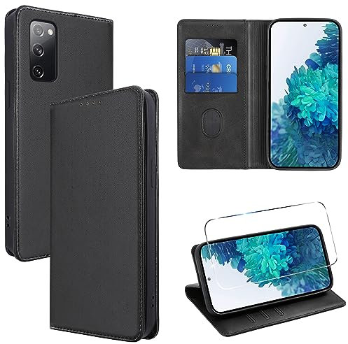 Vauki Coque Cuir pour Samsung Galaxy S20 FE 5G 6.5 avec 1 Verre Trempé Etui à Rabat en PU Porte-Cartes Portefeuille Support Flip Housse Magnétique Antichoc Anti-Rayures Case pour Samsung S20 FE,Noir