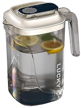 Juice Jug,2.2L Juice Jugs with Silver Plated Lid for Fridge, Airtight & Leak-Proof, Easy Clean Water Jug,8.19''×7.6'' Recyclable Plastic Jug for Milk, Water with Strainer