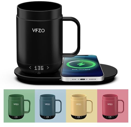VFZO 16Oz Temperature Control Smart Mug, Self Heating Coffee Mug LED Display, 180 Min Battery Life - Hot up to 149℉ Fast Wireless Charger Base Improved Design (16oz, Black)
