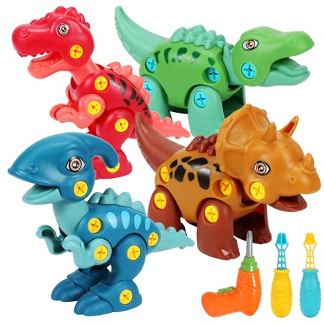 JICONEE Dinosaurier Montage Spielzeug 4 Stück Pädagogisches DIY Dinosaurier Spielzeug Geschenk für Jungen Mädchen Geburtstag ab 3 Jahre