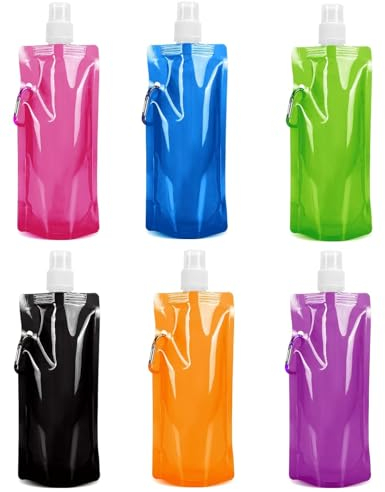 Botella de agua plegable flexible 6 piezas 480 ml botellas de agua reutilizables bolsa de agua plegable portátil con mosquetón tapón de rosca para senderismo, aventura viajes