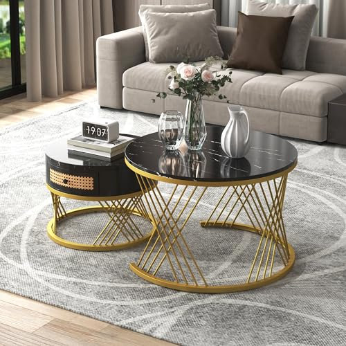 Merax 2-in-1 Round Coffee Table Made of MDF, Nesting Coffee Tables with Storage, Rattan Drawers and Solid Wood Handles, Black+Gold