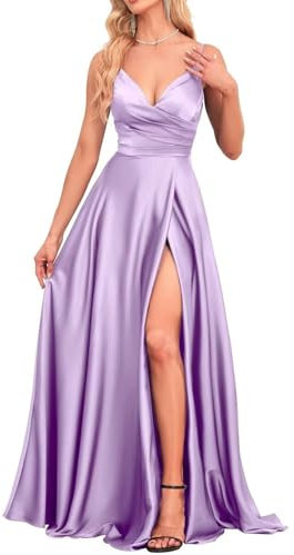 WYX549 - Vestido de dama de honor con hombros descubiertos, vestido formal de noche para mujer con abertura, Lila, 46