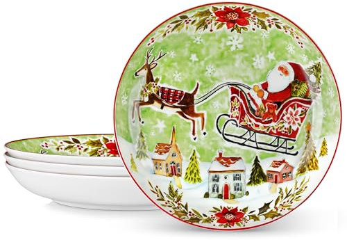 VEWEET, Série XMAS, Ensemble de 4 Bols à Pâtes en Porcelaine | φ26.7cm 1440ml | Grands Bols à Salade pour Fête de Noël | Passe au Lave-vaisselle et au Micro-ondes | Vert et Blanc
