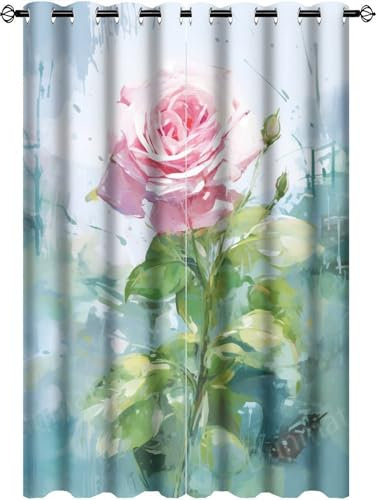 DEBAOKA Modern Rose Grommet Curtains for Bedroom And Living Room Darkening Abstract Colorful Pink Flowers Nature 2 Panels Set Window Drapes Thermal Insulated Blackout Curtains