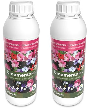 CULTIVERS Fertilizante para Plantas Ornamentales Ecológico de 2x1L. Abono líquido con Aminoácidos + Quelato de Hierro. Plantas más verdes