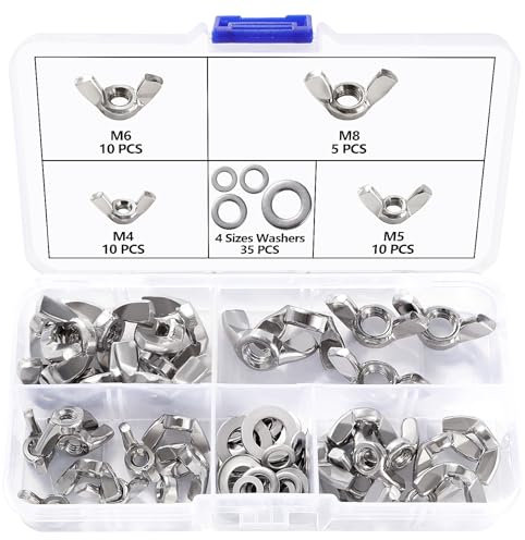 Lyeteung 35 Pezzi M4/M5/M6/M8 Dado ad Alette Kit, Dadi ad Alette in Acciaio Inossidabile, Dadi ad Alette Metriche a Mano, con 35 Pezzi Rondelle Piatte, per Strumenti Fai da Te