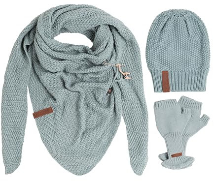 KNIT FACTORY - Damen Winter Set - Coco Dreiecksschal, Coco & Cleo Handstulpen - Winterschal, Wintermütze und Handschuhe - Gefertigt aus 30% Wolle und 70% Polyacryl - Stone Green
