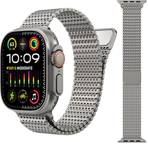 Fullife Cinturino milanese compatibile con Apple Watch da 49 mm, 46 mm, 45 mm, 44 mm, cinturino magnetico in acciaio inossidabile per iWatch Ultra2/Ultra Series 10 9 8 7 6 SE 5 4 3 2 1, titanio