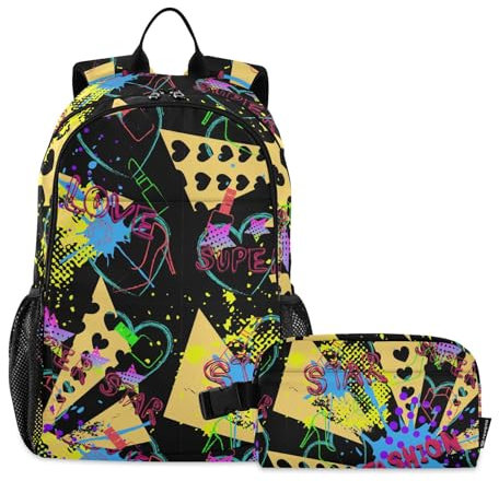 sanluoli 70er / 80er Jahre, farbenfroher Retro-Hippie-Rucksack mit Lunchbox für Jungen, Schultasche für Jungen, Schultasche mit Lunchtasche, 9–10 Jahre, 70er / 80er Jahre, modisch, bunt, Retro-Hippie
