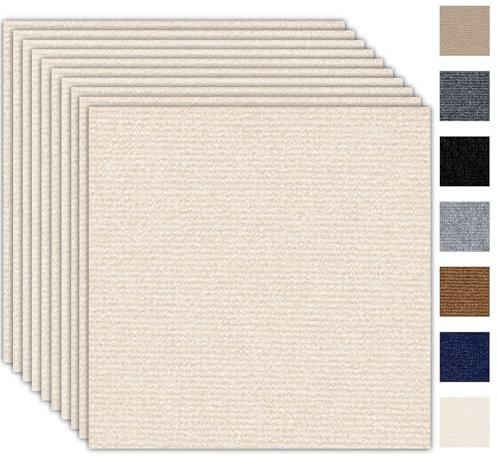 Selbstklebende Teppichfliesen 30x30cm Selbstliegend - 10 Stück Set - 0.9m² - Teppichboden, Teppich Fliesen mit Rückendeckung, Strapazierfähiger Teppich Bodenbelag für Wohnung, Büro, Gewerbe, Beige