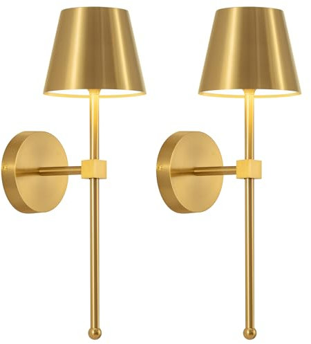 NEWSEE Battery Operated Wireless Wall Sconces Set of 2, 5200mAh Rechargeable LED Small Wall Lights,Dimmable Cordless Lamp for Wall Painting,Living Room,Bedroom, Hallway,Gifts,Night Light(Gold)