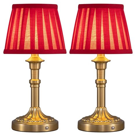 NEWSEE 2-Pack Rechargeable Cordless Table Lamp,Battery Operated Small Bedside Lamp with Fabric Shade,Stepless Dimming LED Touch Light for Living Room,Dining Room,Bedroom,Bathroom(Bronze+Red)