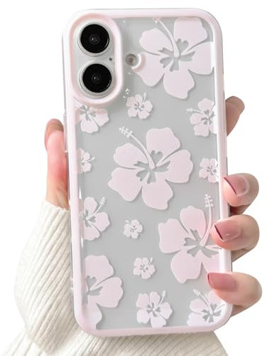 NITITOP Coque pour iPhone 16 Transparente Mignonne Fleur Motif Hibiscus Floral pour Femmes Filles Bordure Rose Doux TPU Antichoc Protection Caméra Étui - Rose