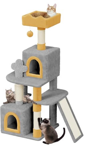 Dogat Large Cat Tree, 52 inch Tall Cat Climbing Tower Cratching Posts with Dangling Ball, Condos & Ladder, Cute Multilevel Climbing House with Sisal Scratching Post & Cat Bed for Indoor (Light Grey)