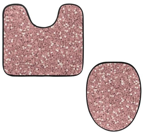 VAPOKF 2 Pieces Pedestal Bathroom Rugs Set, U-Shaped Contour Mat and Toilet Lid Cover, Soft Non-Slip Flannel Bathroom Mat Toilet Seat Cover - Rose Gold Sequins on Pink
