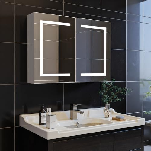 QMTXBYJ Badezimmerschrank mit Spiegel und LED-Beleuchtung, Wandschrank für Badezimmer mit 2 verstellbaren Einlegeböden und 2 Türen, Spiegelschrank mit Sensorschalter, 80x60x13,5cm