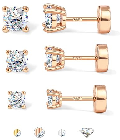 SLLAISS 3 Pairs Moissanite Earrings - Diamond Alternative Earring Set | S925 Sterling Silver Hypoallergenic Cartilage Helix Piercing Jewellery Moissanite Flat Back Earring Rose Gold/Gold/Silver