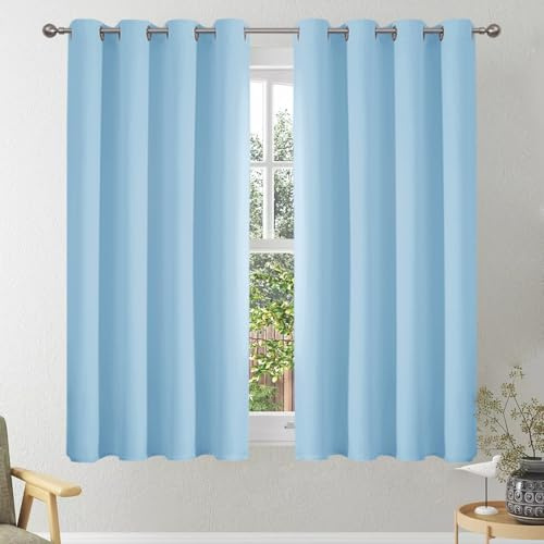VEHEDE Blackout Curtains 54 Inch Drop, Eyelet Thermal Insulated Short Curtain for Bedroom, Soft Small Living Room Window Curtains & Drapes, W46 x L54 Inch, Sky Blue, 2 Panels