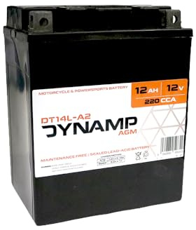 Dynamp DT14L-A2 12V 12Ah AGM Motorcycle Battery, YB14L-A2 Equivalent, Sealed Maintenance-Free