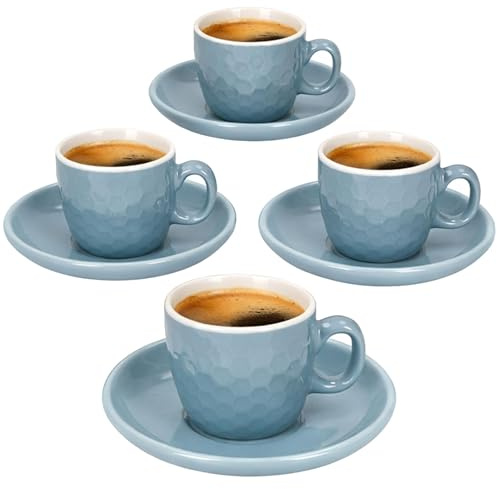 MamboCat Hexa 4er Set Espressotassen mit Untertassen für 4 Personen I Keramik I Blau & Weiß mit geometrischem Relief I je 4X Tasse 60 ml & Untertasse I für Espresso & Mokka