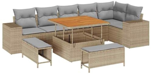 Mhdvray Garten-Sofa-Set 9-Teilig Beige Poly-Rattan mit höhenverstellbarem Tisch Modernes Lounge Set für Balkon Terrasse und Garten