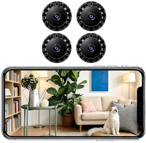 Mini Cámara de Seguridad WiFi, 2026 Mejorada Cámara Oculta para Uso Doméstico, HD 1080P con Visión Nocturna Interior/Exterior para Bebés, Mascotas, Compatible Teléfonos Inteligentes (Black, 4 pieza)