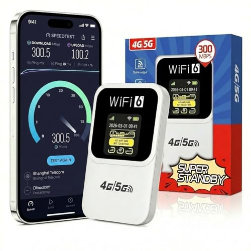 Routeur 5G Portable WiFi 6, 300 Mbps, Batterie 14h, Débloqué Carte SIM