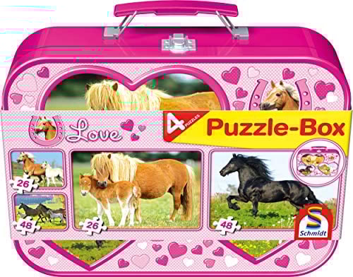 Schmidt Spiele 55588 Pferde, 4 Kinderpuzzle im Metallkoffer, 2x26 und 2x48 Teile