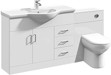 VeeBath Linx 1550 Vanity Unit Furniture Set, Wash Basin Bathroom Sink, WC, BTW Toilet Pan, Soft Close Toilet Seat, Concealed Cistern-White (Flat Pack)