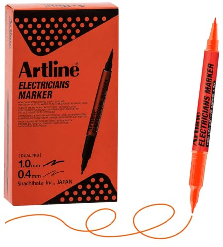 Artline Electricians Markers | Twin-Nib | Professional Series | For engineer | Non-Conductive Ink & Barrel | EKPR-ELFT | 0.4mm Fine/1.0 Bullet Tips | Pack of 12 | Orange Marker