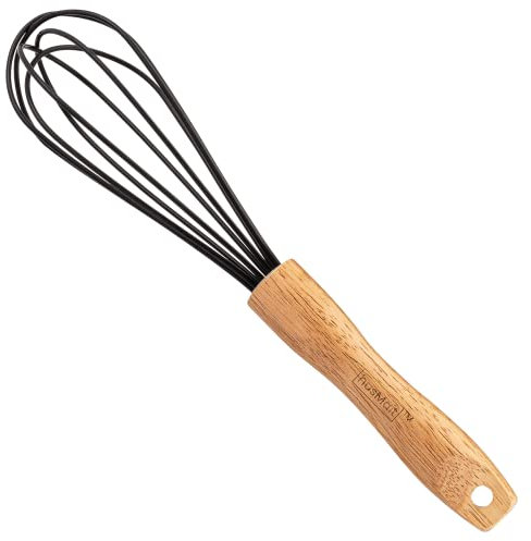 husMait 10 Silicone Whisk with Wood Handle - Black head with Wood Handle -For Pancake Batter, Eggs and Egg Whites, Cake Mix, Blending, Gravy and Sauces