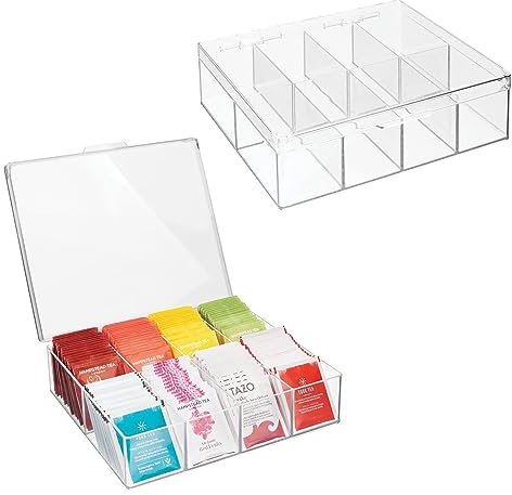 mDesign Küchen Organizer – praktischer Kasten mit Deckel für Küche und Speisekammer – Aufbewahrungsbox mit 8 Fächern – ideal für Tee, Kaffee, Gewürze und andere Lebensmittel – 2er-Set – durchsichtig